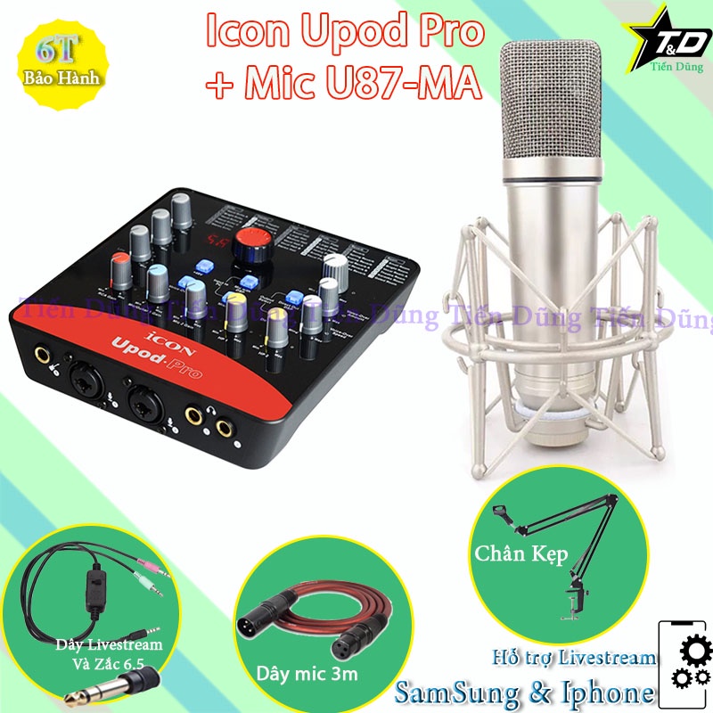 Mic Thu Âm U87 MA và Sound Card Icon Upod Pro Kèm Chân Kẹp Dây Livestream MA2 Dây Mic 3m Zắc 6.5 , Dây Truyền Nhạc