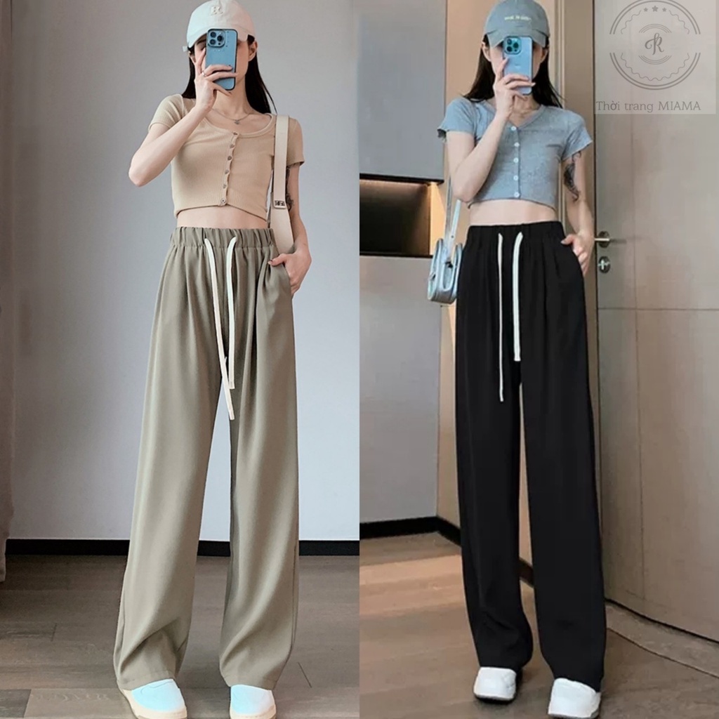 Quần ống rộng nữ lưng chun cạp cao dây rút dáng dài thể thao vải đen nâu- Quần tây ống suông rộng Kanimi