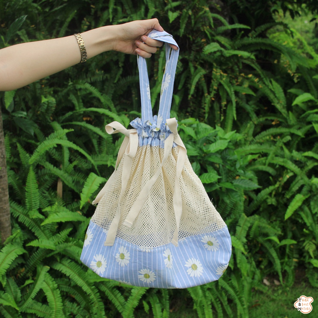 Túi vải đi chợ hoạ tiết hoa cúc sọc trắng xanh/ Túi lưới cotton bảo vệ môi trường/ TaNcupholder