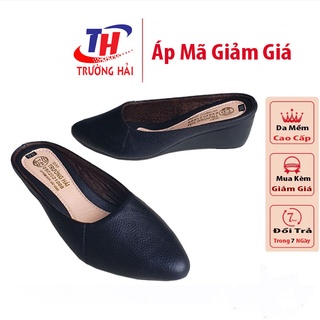  Giày Sục nữ đế xuồng 5cm da bò thật màu đen mũi nhọn Trường Hải S125 