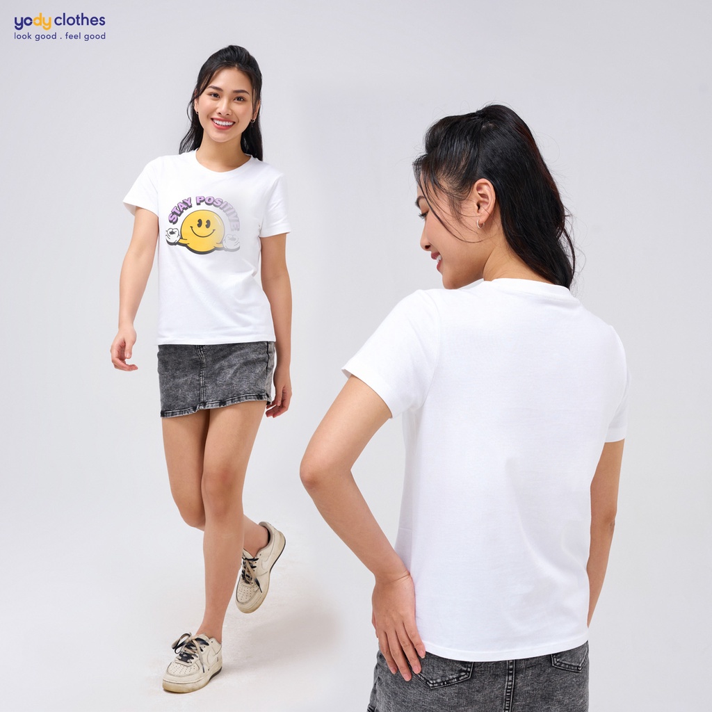 Áo thun nữ in hình YODY vải cotton thoáng mát chũ Stay Positive - AR Collections TSN5324