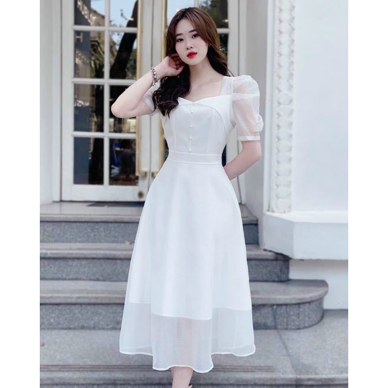 Đầm Nữ Dáng Dài Màu Trắng Tay Bồng Phối Ngực Chất Voan Tay Đính Nơ Điệu Đà Phù Hợp Đi Chơi
