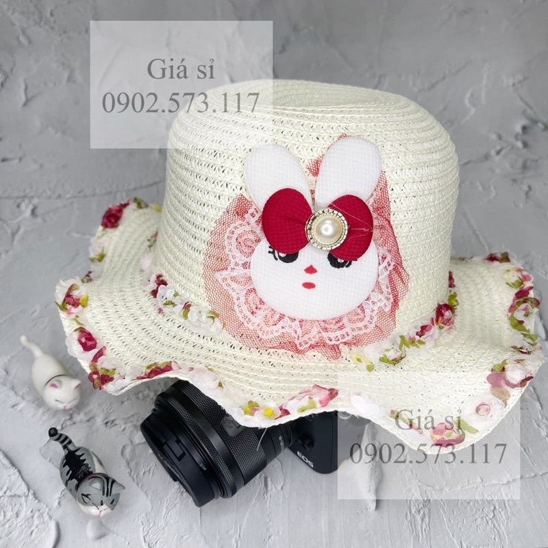 Nón bo cói dợn ren đi biển cho bé 3 - 5 tuổi gắn hình siêu cute