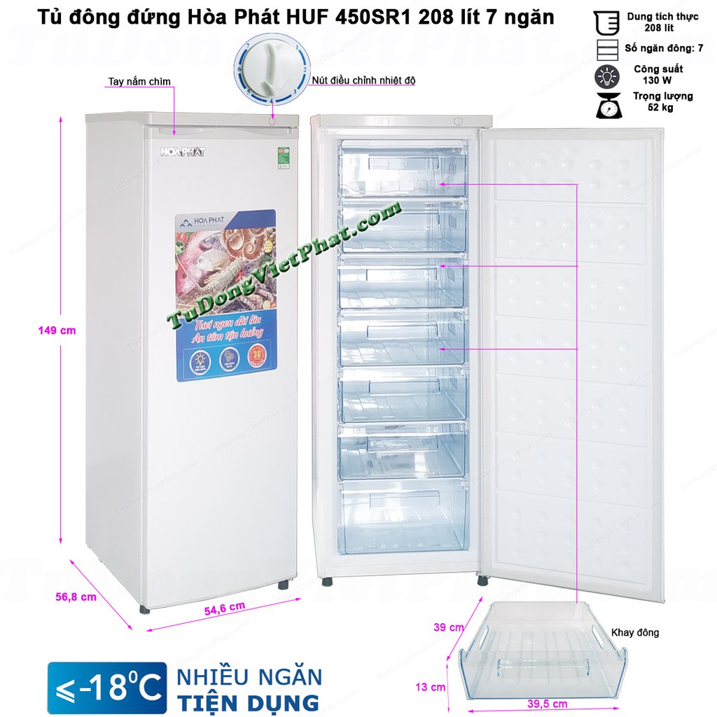 Tủ đông đứng Hòa Phát HUF 450SR1 208 lít 7 ngăn (Miễn phí giao tại HCM-ngoài tỉnh liên hệ shop)