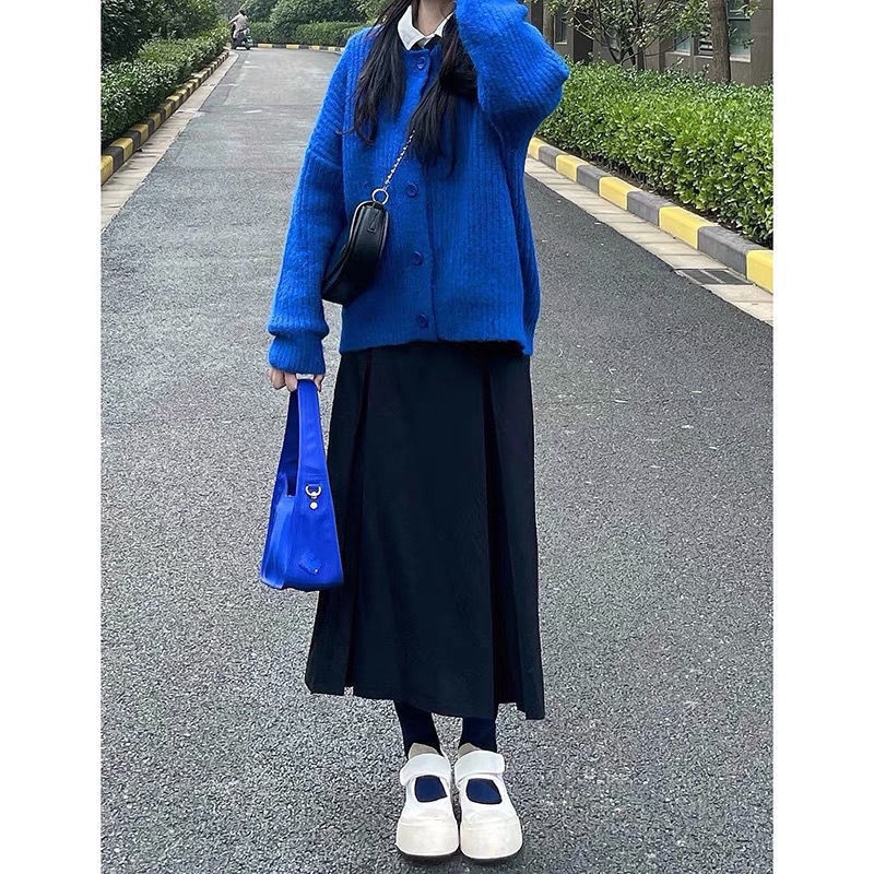 Áo khoác cardigan dệt kim dáng rộng cài nút màu xanh dương phong cách Nhật Bản cổ điển đa năng cho nữ sinh