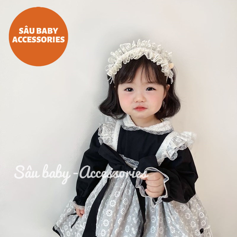 Bờm ren thêu xếp ly công chúa điệu đà cho bé