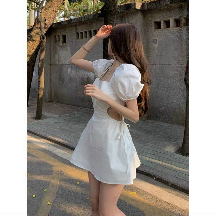 (Sale FreeShip) Đầm nữ đi chơi,đầm from A cổ vuông tay phồng khoét eo dễ thương,tone màu tôn da diện đi đâu cũng xinh