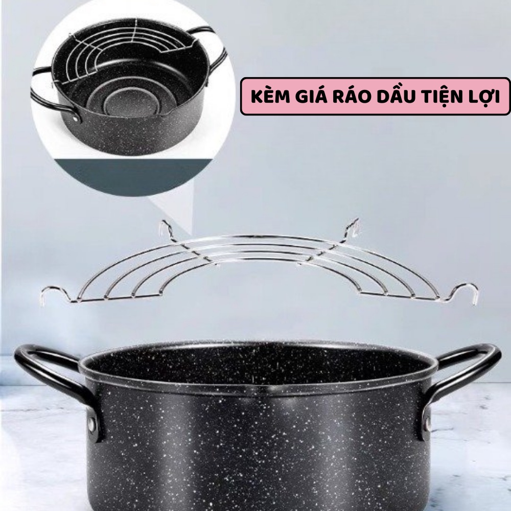 Nồi Chiên Gang Chống Dính Vân Đá Kèm Khay Ráo Dầu Tiện Lợi Đường Kính 20CM