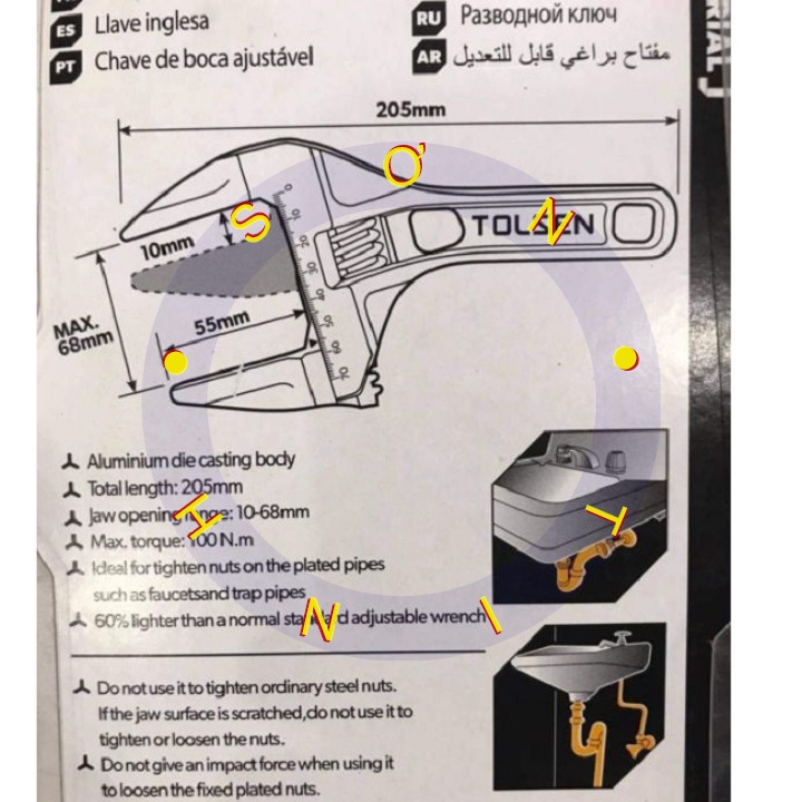 Mỏ lết ngắn chuyên dùng độ mở 68mm TOLSEN 15303