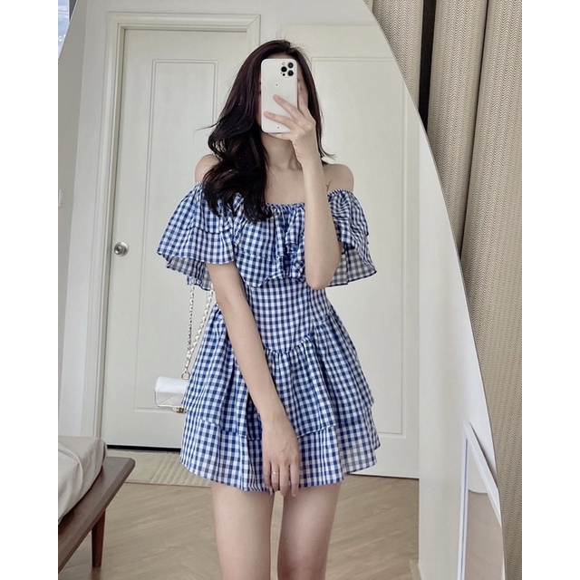 Đầm Kẻ Xanh Bèo Vai Thiết Kế Xếp Tầng Thời Trang 2 Màu✌️Ảnh Thật