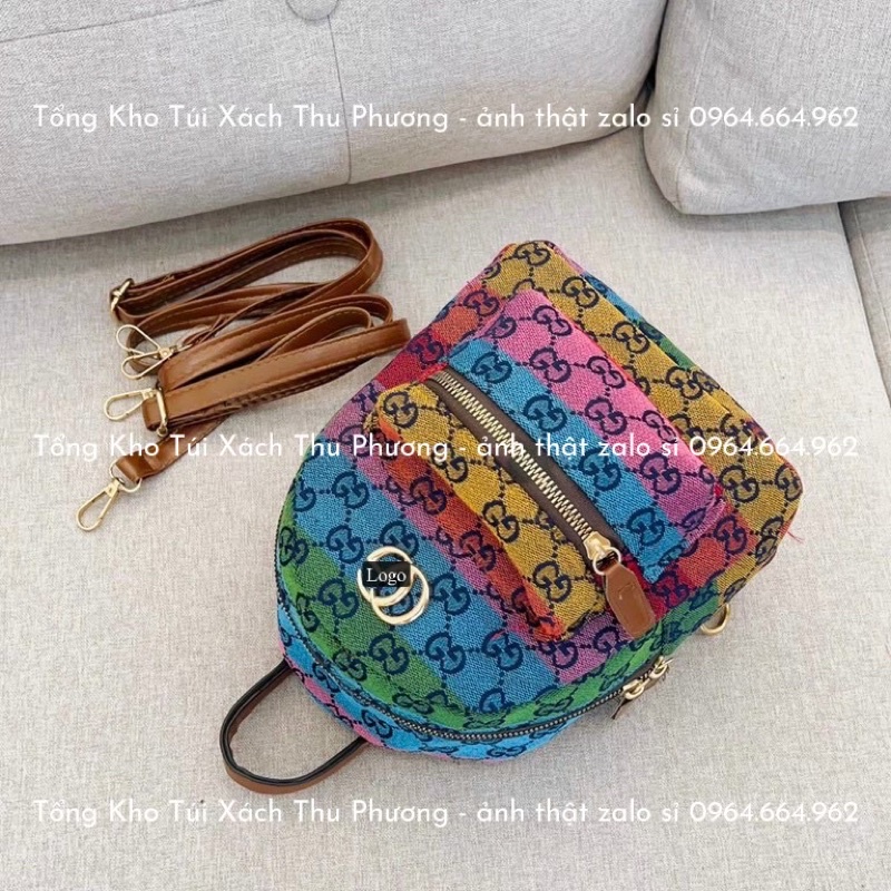 Balo mini nữ, balo phối nhiều màu hoạ tiết chữ g.g siêu xinh size 19 (ảnh thật shop chụp)