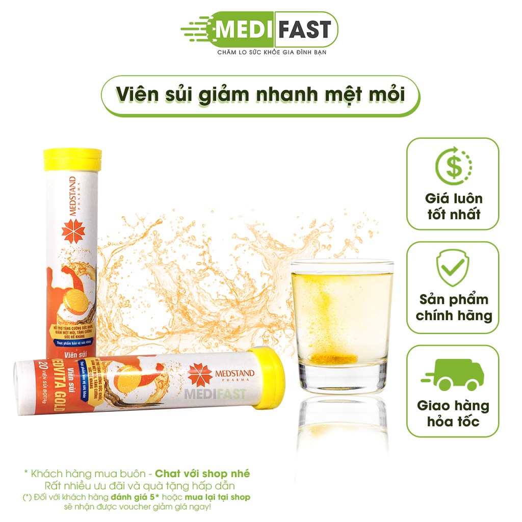 Viên sủi Đông trùng hạ thảo và vitamin Medstand Medvita Gold giảm mệt mỏi, căng thẳng, tăng sức đề kháng tuýp 20 viên