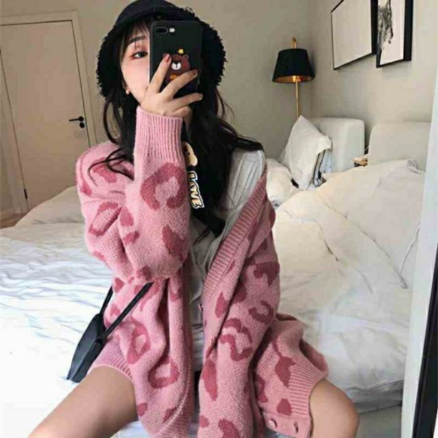 [FASHIONGREEN94] Áo khoác cardigan len họa tiết da báo dáng dài