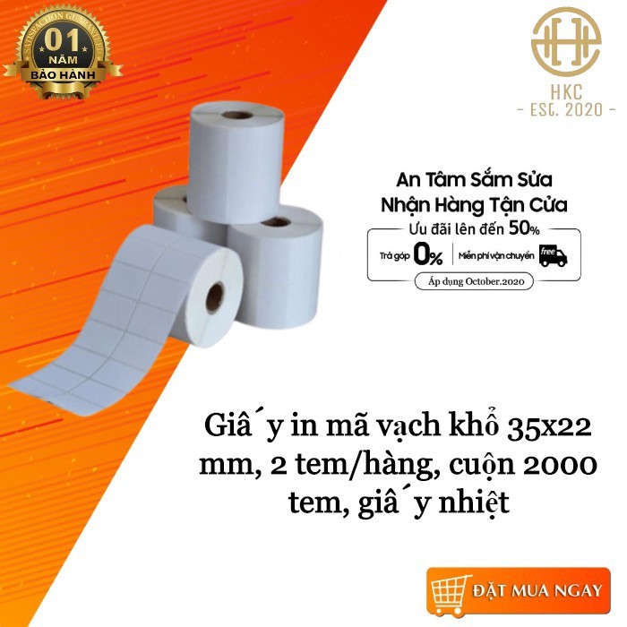 Cuộn in mã vạch, tem nhiệt khổ 2 tem 72x22 mm, giấy in mã vạch khổ 35x22 mm, giấy in 2 tem 35x22 mm