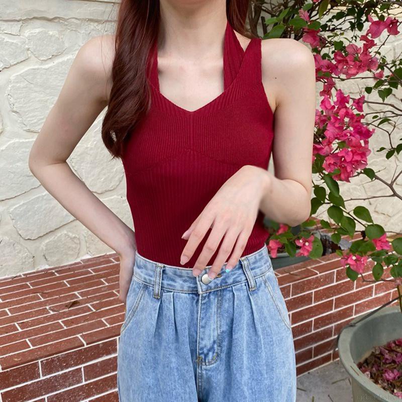 Áo Hai Dây Dệt Kim Màu Trơn Dáng Ôm Phong Cách Gợi Cảm Cho Nữ