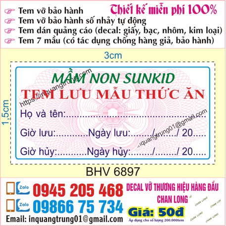 Tem lưu mẫu thức ăn Chuẩn Bộ Y Tế (3x15cm) 220K = 46 cái tem