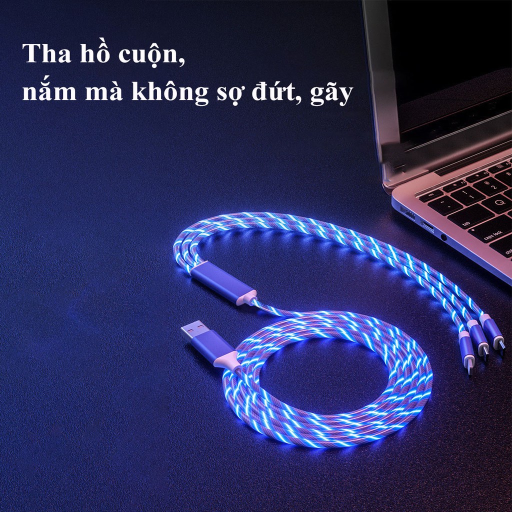 Cáp Sạc Nhanh 3 Đầu Siêu Bền, Có Đèn Led Nhấp Nháy Dành Cho Iphone Samsung Android Type C