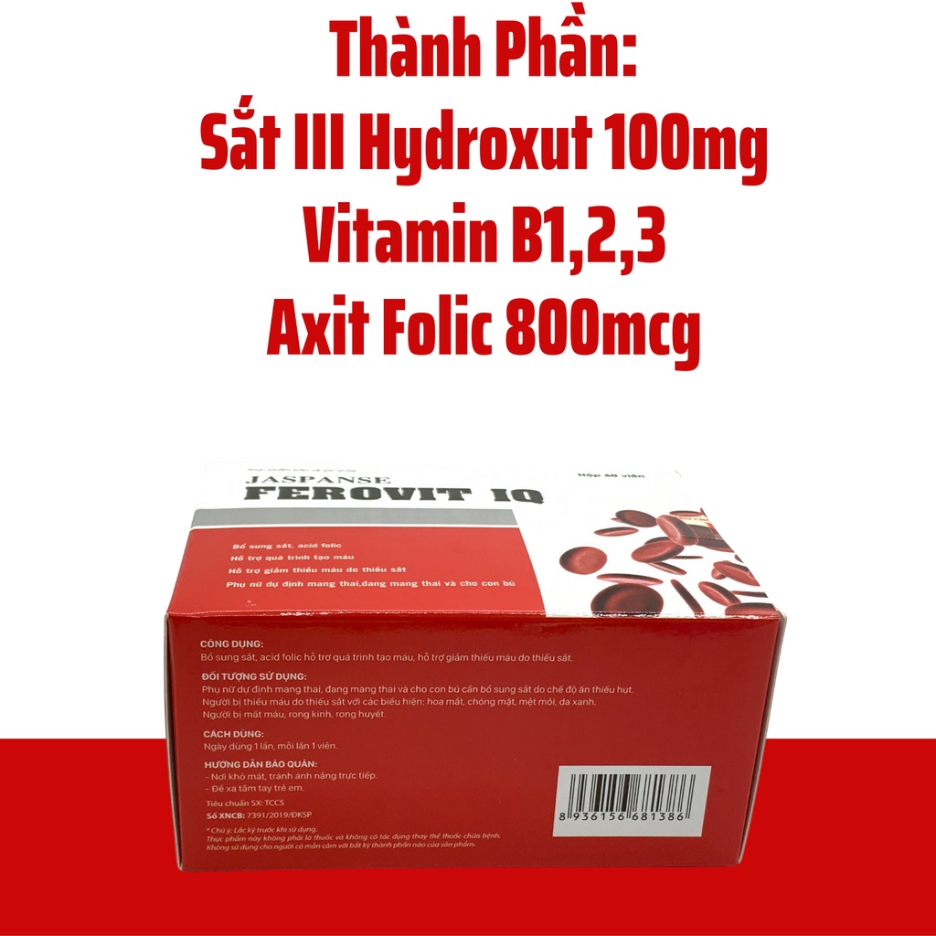 Viên uống Jaspanse Ferovit IQ giúp bổ sung sắt, acid foric hỗ trợ giảm thiếu máu do thiếu sắt