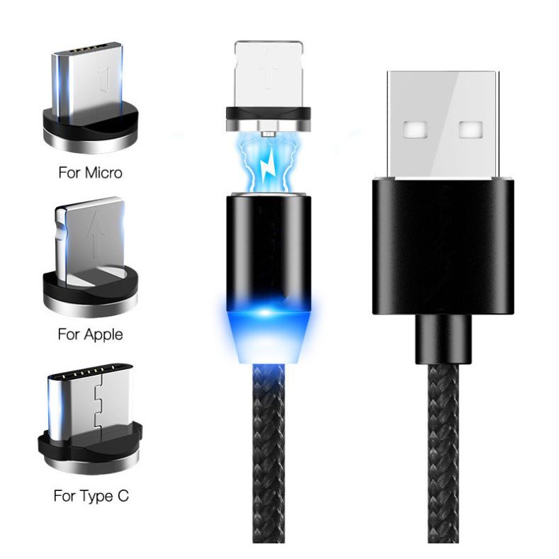 Cáp sạc từ hút nam châm đầu Iphone | micro USB | Type C xoay 360 độ dây dù,có LED cao cấp