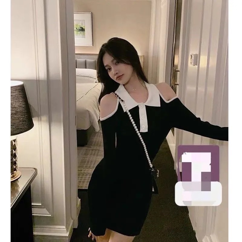 Váy Đầm Len Body Nữ Màu Đen Cổ Sơ Mi Khoét Vai Dài Tay, Váy Ôm Sát Sành Điệu Cá Tính Tiểu Thư Chất Loại 1 Đủ Size