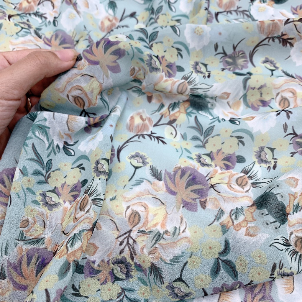 Đầm Xanh Hoa Lụa Trễ Vai | BigBuy360 - bigbuy360.vn