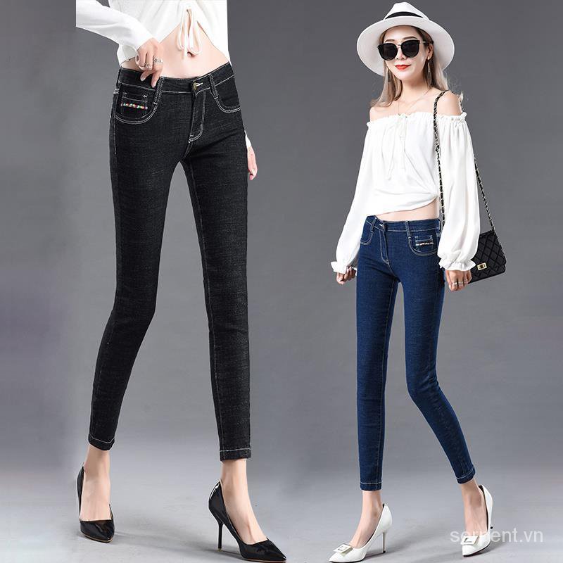 Quần jeans cạp thấp dáng ôm co giãn thời trang thu đông Hàn Quốc mới cho nữ 2022