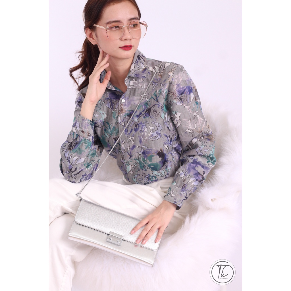 Áo sơ mi SMOS-03, màu xám dệt họa tiết ánh kim đẹp và nữ tính.