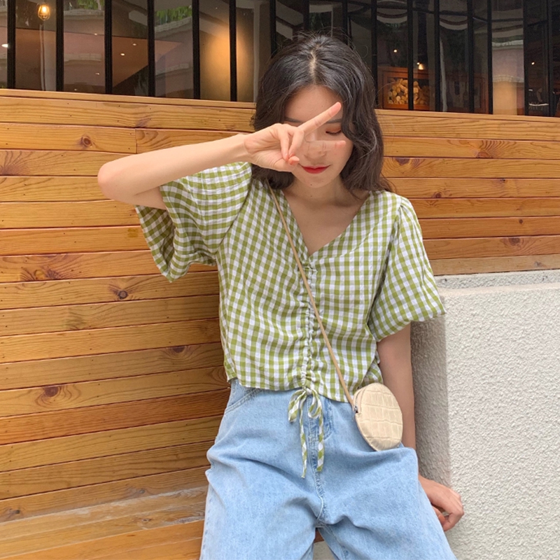 Áo bánh bèo nữ croptop caro kẻ đỏ, xanh, áo kiểu nữ tay phồng rút dây du lịch đi chơi Hàn Quốc