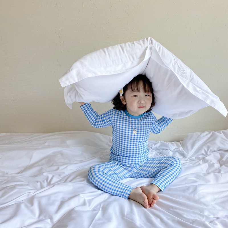 Bộ Đồ Ngủ Dài Tay Thu Đông Cho Bé Chất Thun Lạnh, Họa Tiết Kẻ Caro Dễ Thương