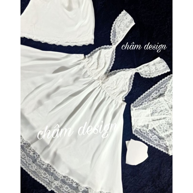 Váy ngủ lụa satin trắng tay ren chân ren gắn nơ nhỏ xinh(hàng thiết kế độc quyền)