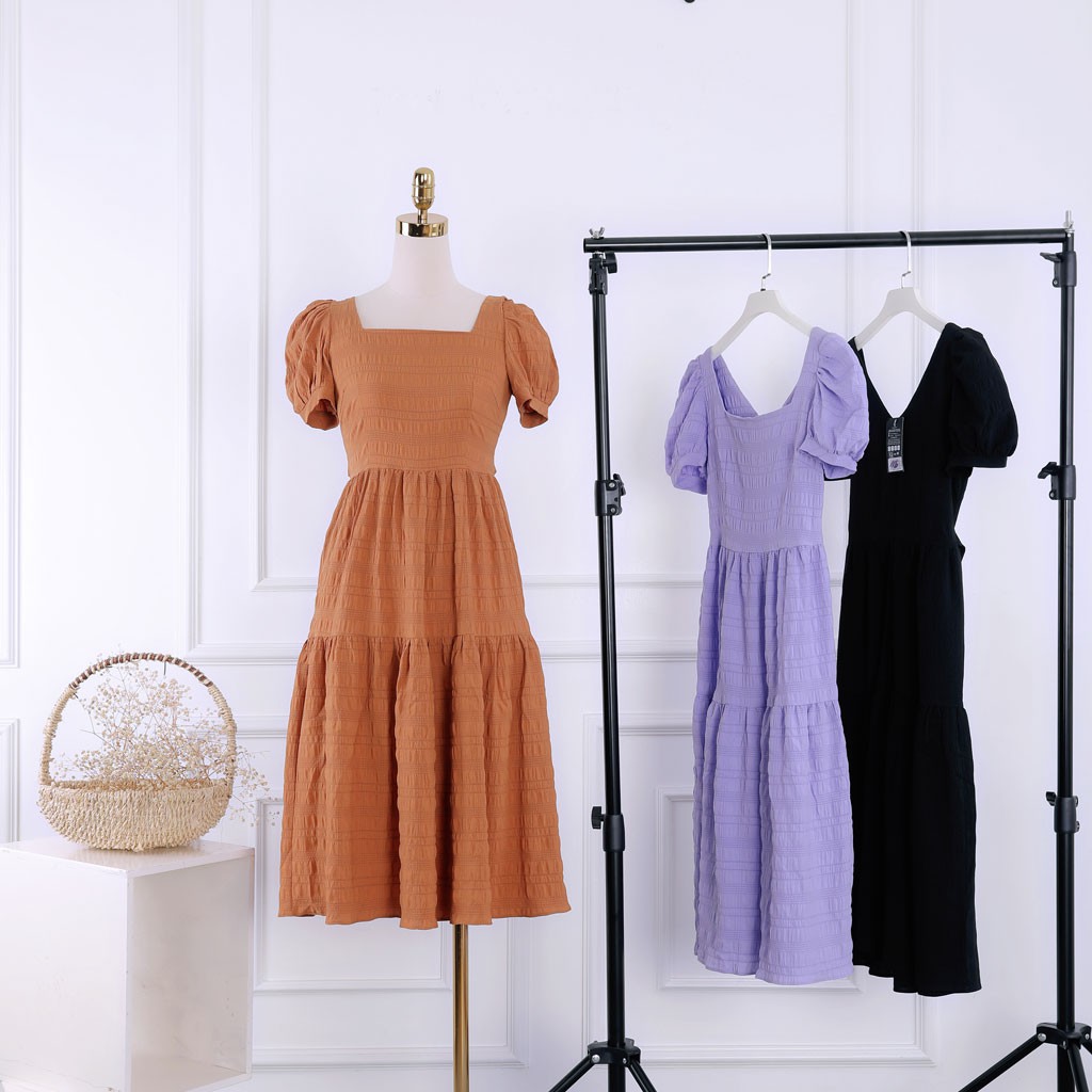 Đầm nữ cổ vuông, tay bồng, thắt nơ eo, thiết kế cao cấp TK FASHION DK911