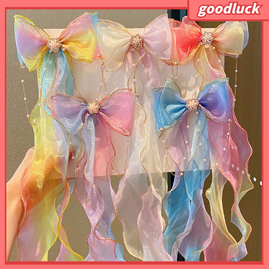 Kẹp Tóc Hình Nơ Đính Ngọc Trai Giả Màu Gradient Thời Trang Halloween