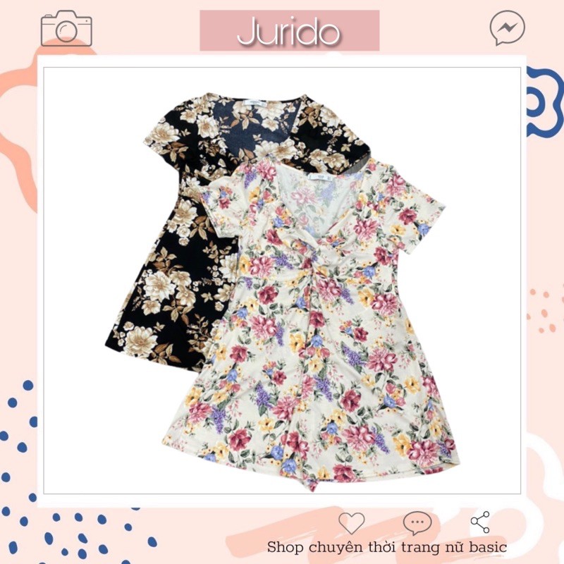 Jumpsuit ngắn, romper xoắn ngực thun họa tiết hoa MNG xuất xịn