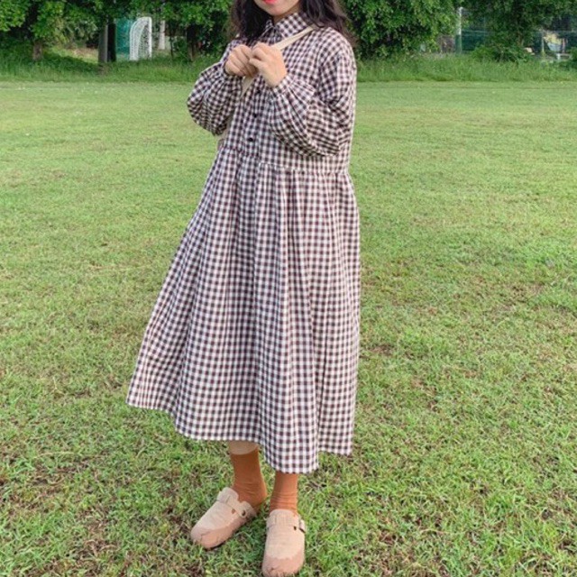 Đầm babydoll dài kẻ caro