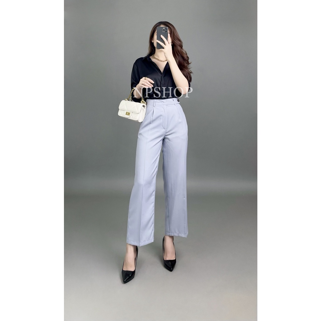 Quần tây nữ ống rộng lưng cao 2 nút màu xanh, đen NPQ050