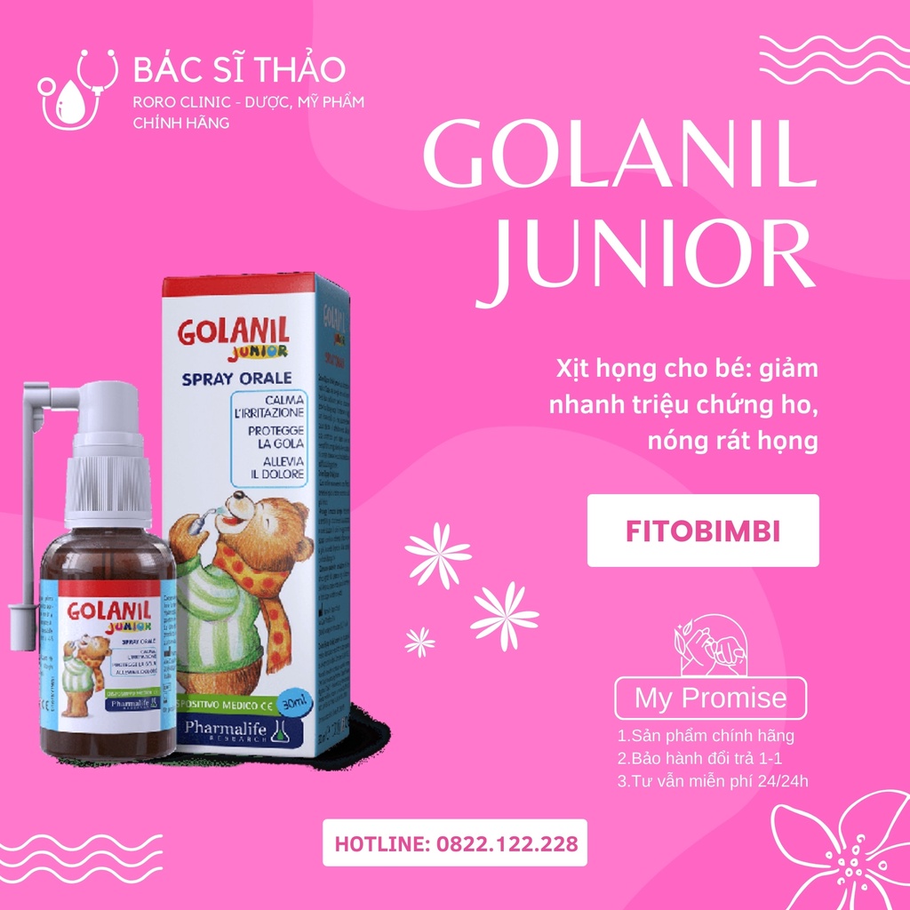 Xịt họng cho bé Golanil Junior Spray Orale - Giúp giảm nhanh triệu chứng ho, nóng rát họng - Nhập khẩu ITALIA - Lọ 30ml
