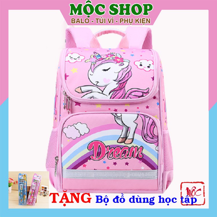 Balo chống gù, cặp đi học cho bé gái dễ thương, dáng hộp chắc chắn - Tặng bộ đồ dùng học tập