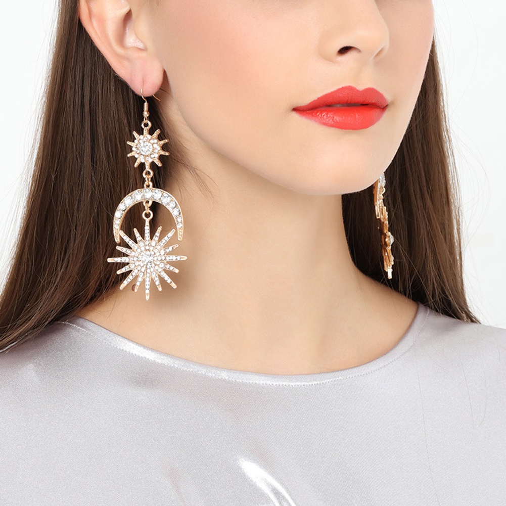 Bông tai nữ đính đá hình mặt trời và mặt trăng độc đáo