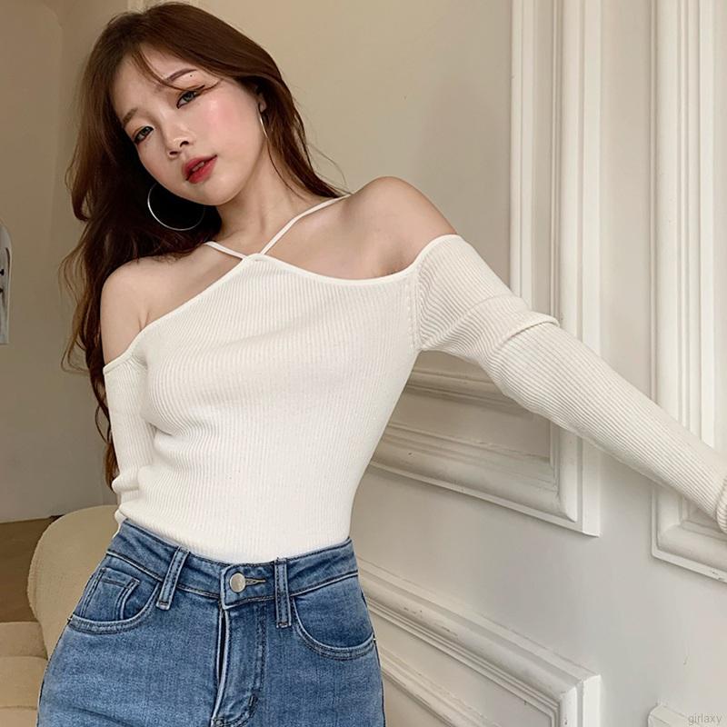 Áo dệt kim tay dài trễ vai màu sắc đơn giản phong cách hàn quốc cho nữ