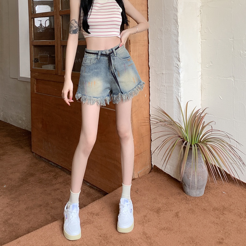 Quần Short jeans Lưng Cao Ống Rộng Thời Trang retro Cho Nữ