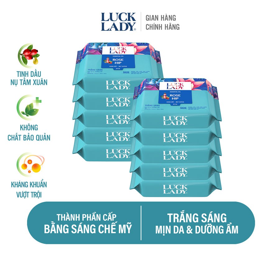 Combo 10 gói khăn ướt Luck Lady rose hip trắng sáng, mịn da