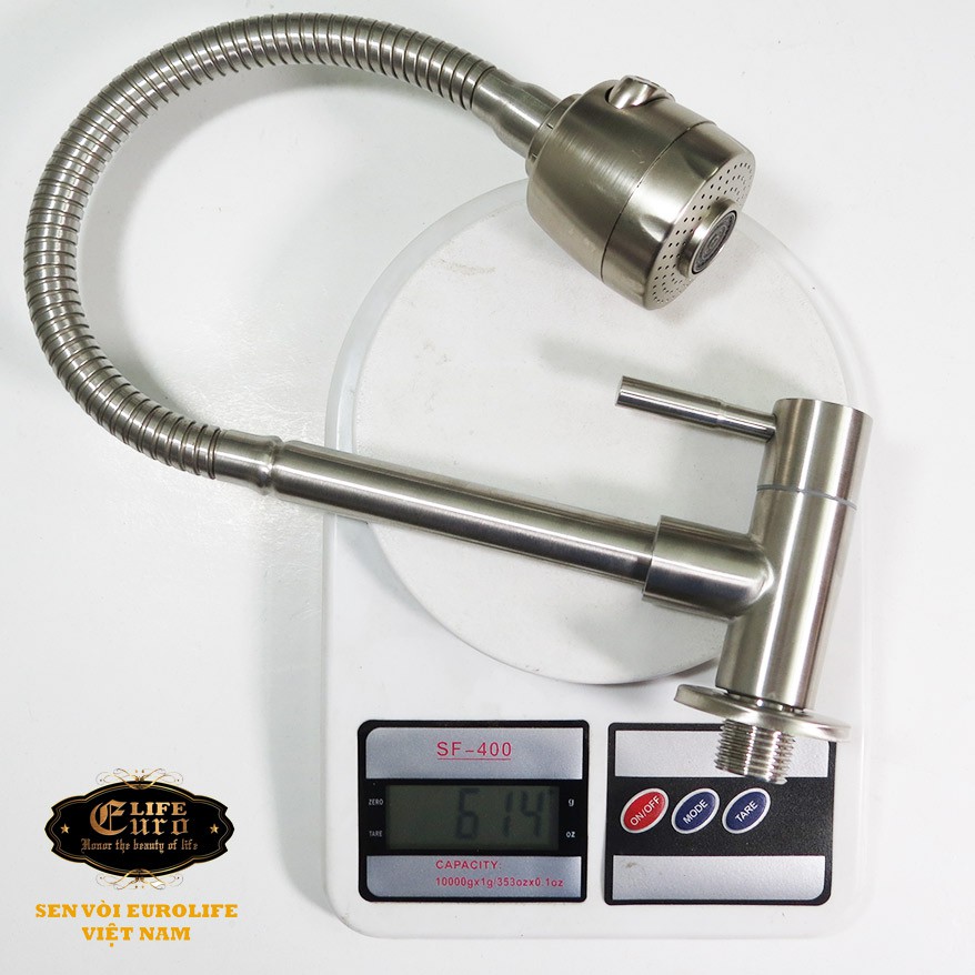 Vòi rửa chén lạnh âm tường, cần lò xo Inox SUS 304 Eurolife EL-RC10