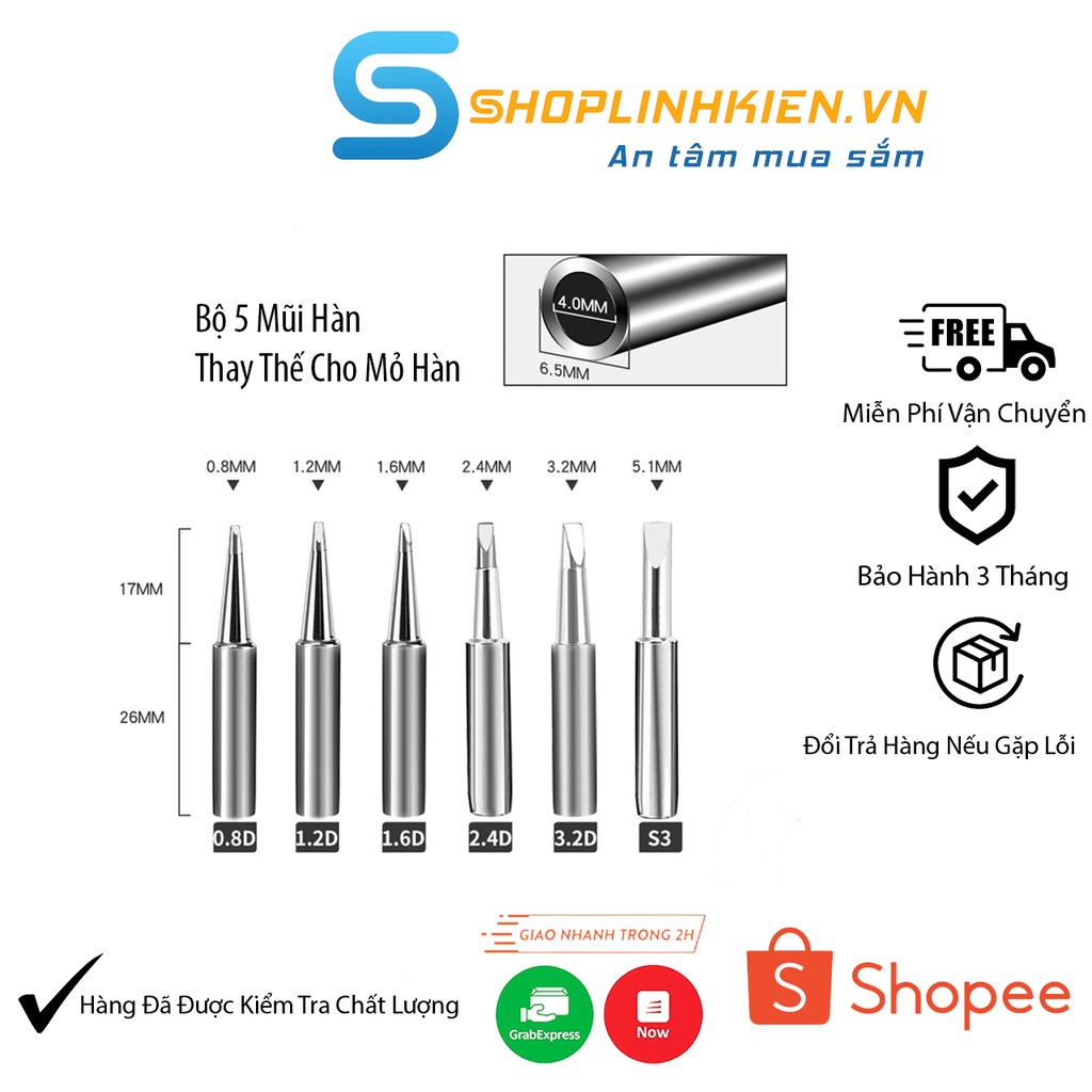 Bộ 5 Mũi Hàn Thay Thế Cho Mỏ Hàn 220V-60W TQ936 Hakko936 900M-T-B 900M-T-I 900M-T-K 900M-T-3C 900M-T-2D