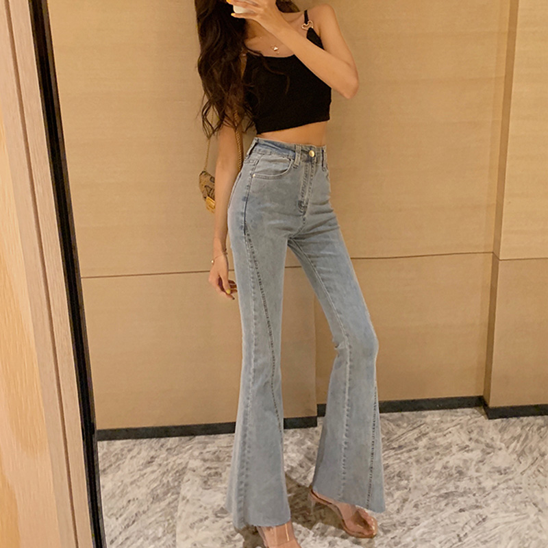 DUNEA Quần jean dài lưng cao dáng ôm ống loe co giãn dành cho nữ