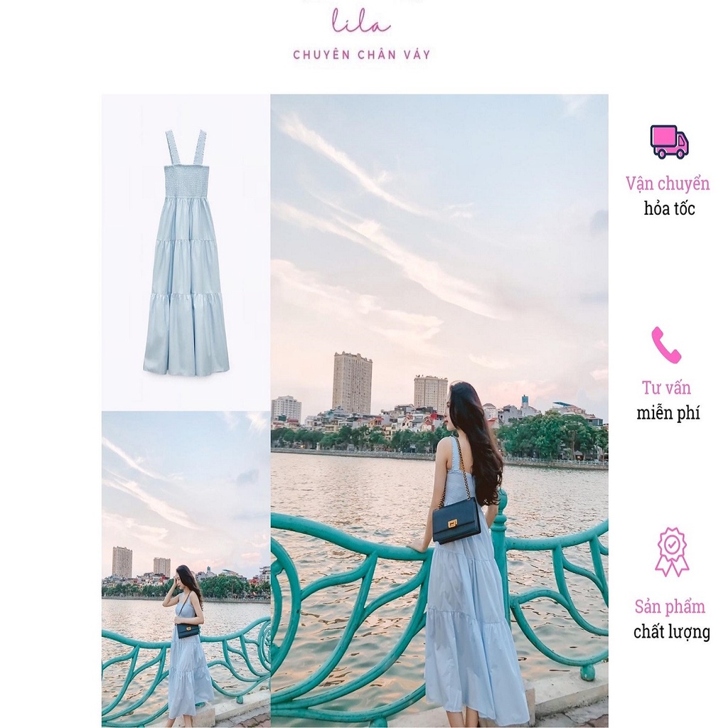 Đầm 2 dây midi Zara vải cotton cổ chữ V hàng cúc phía trước