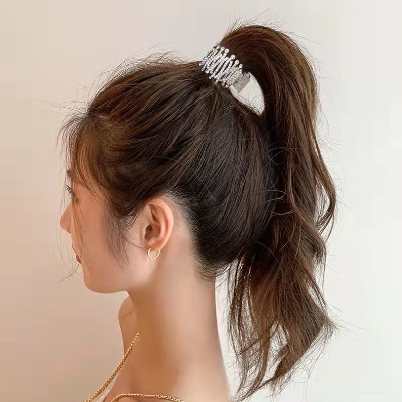 Kẹp Tóc Kim Loại Đính Đá Ngọc Trai Giả Độ Cố Định Cao Kiểu Đuôi Ngựa Tiện Dụng