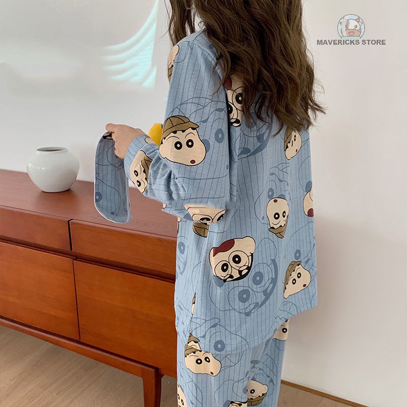 Bộ đồ ngủ tay dài in hình cậu bé bút chì dễ thương phong cách Hàn Quốc