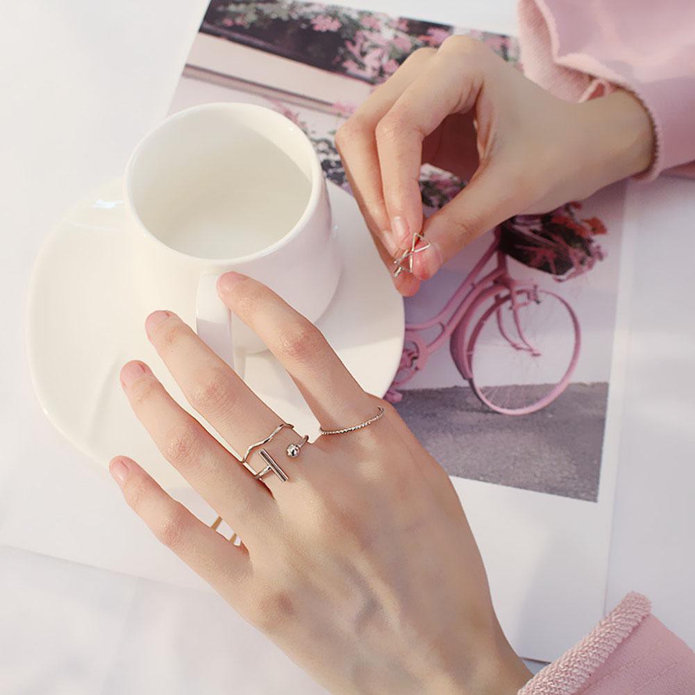 Set 4 nhẫn đeo ngón tay phong cách hình học dạng mở có thể điều chỉnh bằng hợp kim mạ cho nam/nữ