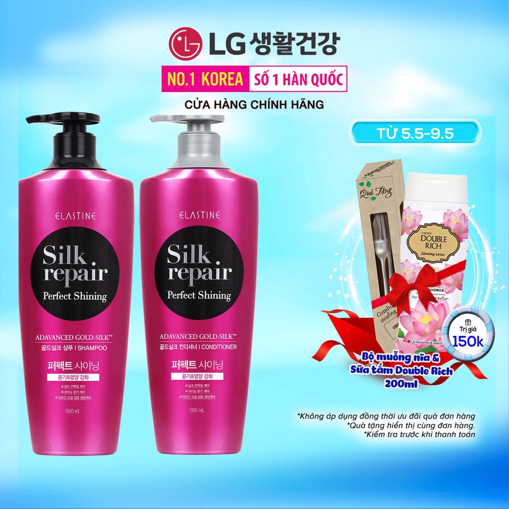 Bộ đôi gội xả chăm sóc và nuôi dưỡng tóc Elastine Silk Repair Perfect Shining Gold Silk 550mlx2