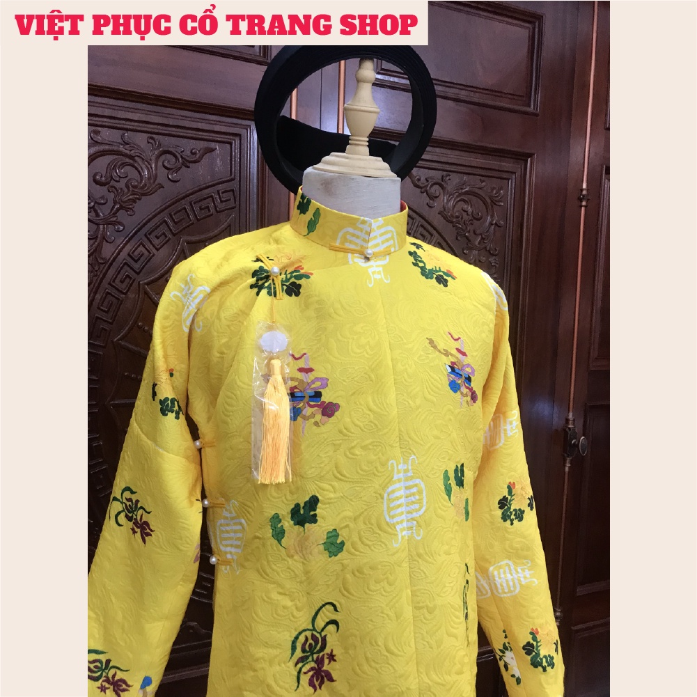 Áo ngũ thân tay chẽn nam vải gấm cao cấp in hoa văn, áo cổ phục nam thời nhà nguyễn | Việt Phục Nguyên An